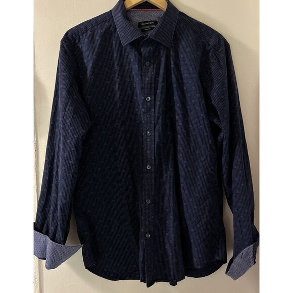 Bugatchi Shirt Mens Med Blue Geometric Pattern Long Sleeve Button Up Shaped Fit - Picture 1 of 11